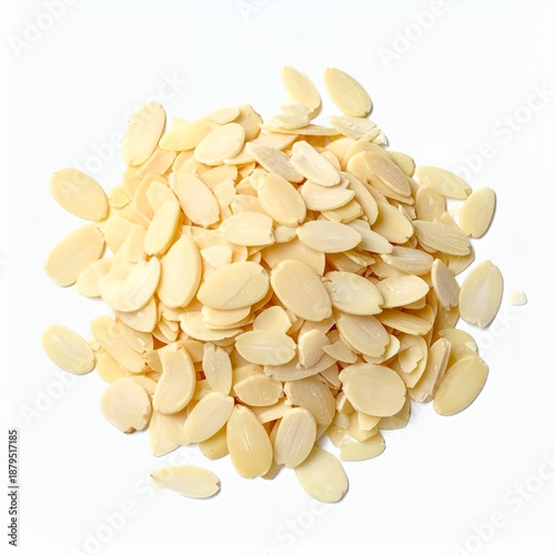 Pile of blanched almond slivers on a pristine white background, perfect ingredient