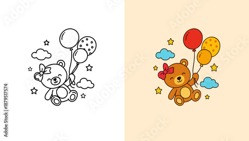 Bear fly in the sky and hold 3 balloon