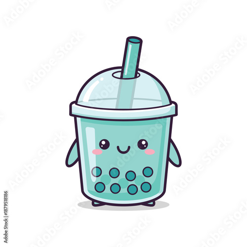 Happy bubble tea character with straw and lid