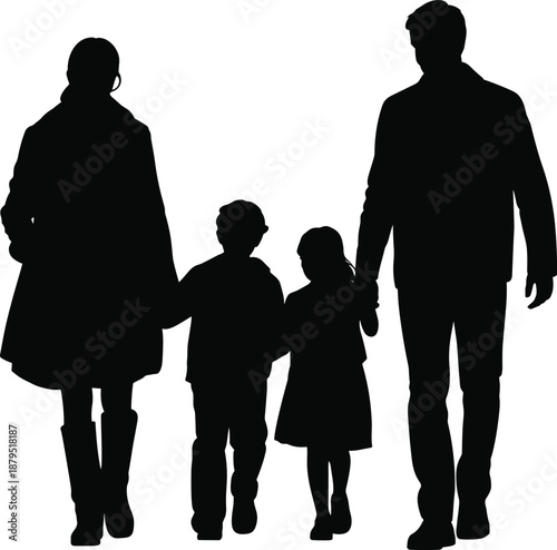 Silhouette of a family of four walking hand in hand on a white background parents children