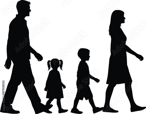 Silhouette of a family walking in unison with parents and two children people together