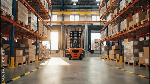 A brightly lit warehouse interior features rows of stacked cardboard boxes with an orange forklift moving between them showcasing logistics and storage