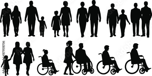 Silhouettes of Families and Individuals Including People in Wheelchairs on White Background family
