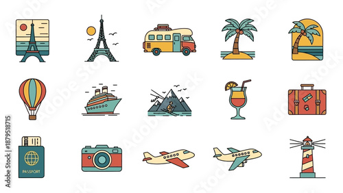 Colorful travel and tourism icons set for global adventures.