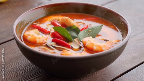 Close-up of spicy shrimp soup served hot with fresh herbs. Perfect for food, restaurant, and Asian cuisine concepts.