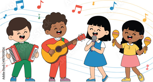 Children Music Band Flat Vector Illustration  Kids Playing Instruments Together