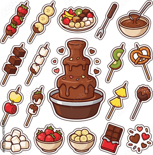 Cute Valentine's Chocolate Fondue Vector Illustration. Dipping fruit and marshmallows in melted chocolate fountain