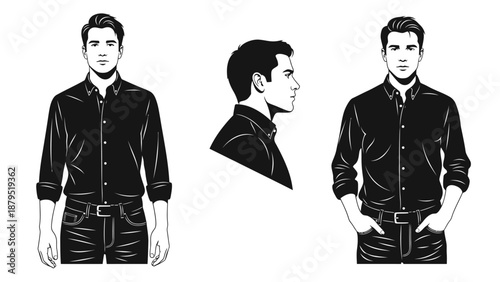 Men's Fashion: Full Body Black Shirt and Denim Jeans, Front, Side, and Back Views