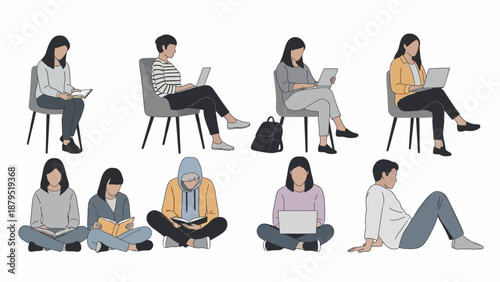 Diverse Group of People Studying and Working Independently in Casual Settings