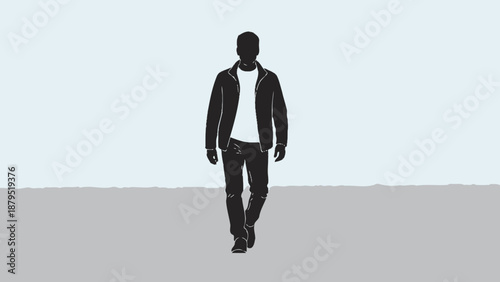 Silhouette of a man walking forward in casual clothing against a light blue sky