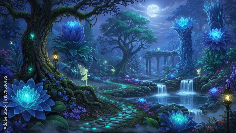 Fototapeta premium Enchanted moonlit forest with glowing magical lotuses, fairies, and ethereal waterfalls under a