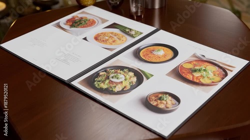 Top view of a restaurant menu placed on a wooden table featuring various dishes. Ideal for food business, dining concepts, and menu design presentations.