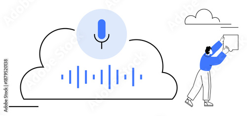 Voice recognition concept. Voice recognition integrates with cloud computing and sound wave technology. Voice recognition supports automation, digital tools, virtual assistants, and communication