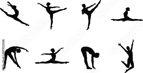 Graceful female ballet silhouettes performing elegant dance poses, jumps, and stretches showcasing flexibility, balance, motion, and athletic artistry on a clean white background