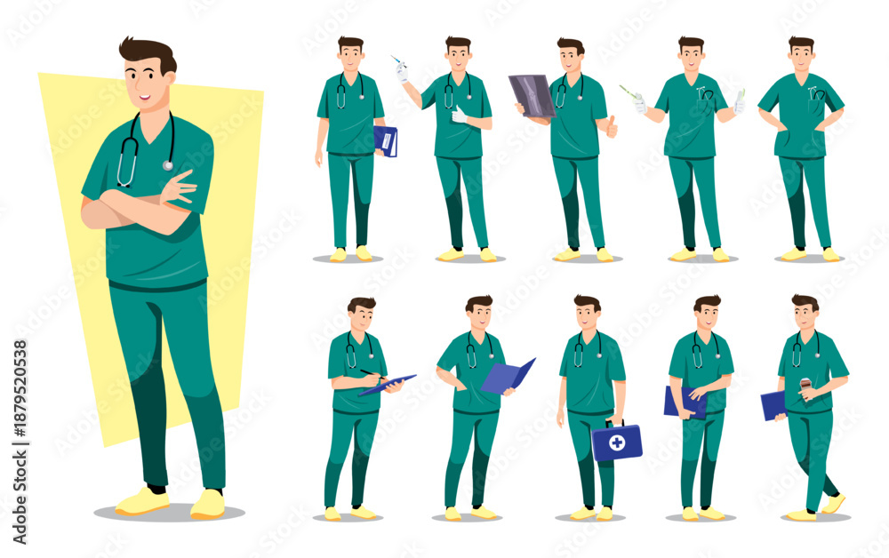 Fototapeta premium Professional male doctor character set in green scrubs suit. Flat vector illustration with various poses such as holding X-ray, syringe, clipboard, and medical kit. Ideal for healthcare design.