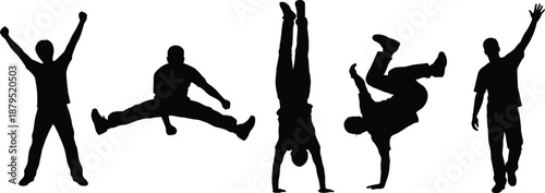 Silhouettes of energetic male dancers performing acrobatic jumps, handstands, and breakdance moves expressing strength, motion, balance, and dynamic athleticism on a clean white background