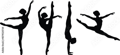 Silhouettes of graceful female ballet dancers performing elegant dance poses, jumps, and stretches demonstrating flexibility, balance, movement, and artistic athleticism on a clean white background
