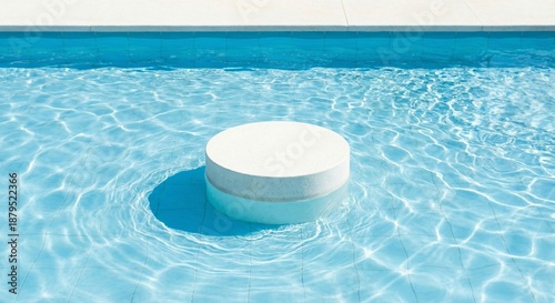 White round podium in blue swimming pool water. Product display background for summer cosmetics.
