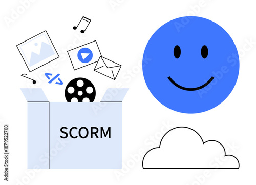 SCORM concept. SCORM enables elearning integration with multimedia files and cloud systems. SCORM content delivery ensures compatibility and accessibility. For education, training, LMS platforms
