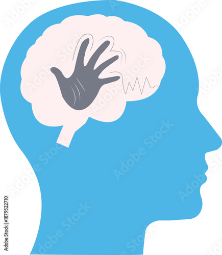  Parkinson’s Disease Awareness Illustration Showing Human Head Silhouette with Brain and Trembling Hand Concept
