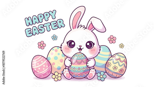Cute Cartoon Easter Bunny Holding Egg.