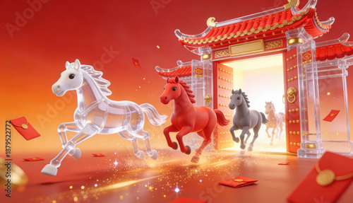3D Rendered Festive Chinese New Year Scene for Year of the Horse, Featuring Running Horses, Traditional Red Archway, Red Envelopes and Vibrant Red Background
