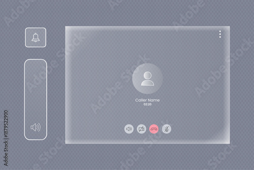 Glassmorphism Video calling interface with frosted glass effect and call controls vector with transparent background including contact avatar caller name and duration plus functional icons for audio