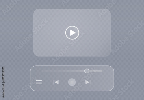 Transparent video player and audio player vector interfaces in glass morphism style. One is a video player and the other an audio player. Clean, modern, and transparent design suitable for various