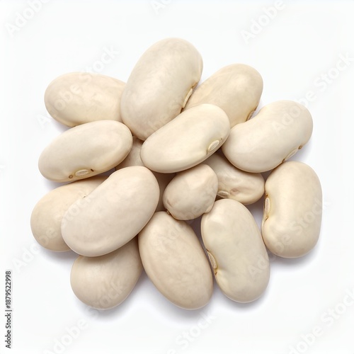 Close-up shot of pile of white beans against clean white background showcasing their texture and shape
