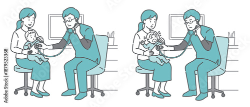 スクラブを着た男性医師による赤ちゃんと母親の聴診イラストセット（笑顔・泣く/体調不良）