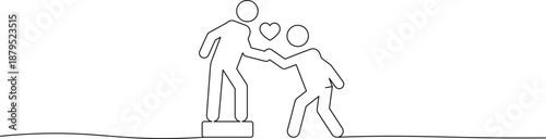 Two stick figures helping each other with a heart symbolizing kindness and support in a simple line drawing