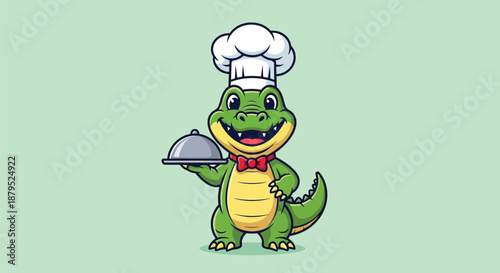 Cartoon alligator wearing a chef's hat and red bow tie holds a serving dish on a light green background.