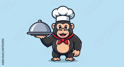Cartoon gorilla wearing chef hat and red necktie holds silver serving dish on light blue background.