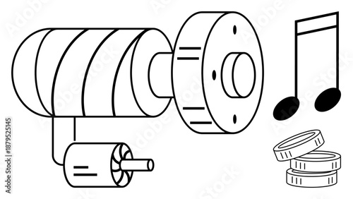 Technology innovation, mechanical engineering, automation concepts, music production, creativity, economy design. A machine part, musical notes and stacked coins are illustrated. Technology