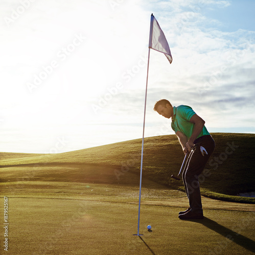 Photography Golf course, putt and man for training, fitness and game outdoor on grass with swing