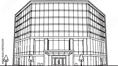 Department Store Building Mall Expo Hall Hand-drawn Sketch Drawing Vector Illustration, Line Linear Symbol Engraving Coloring Book, Black and White Isolated