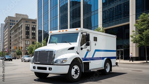 Armored truck driving through a city street with modern buildings in the background.