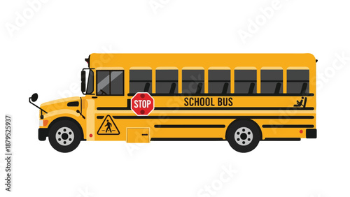 Yellow school bus with stop sign on transparent background