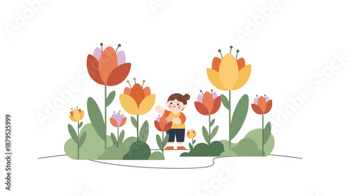 Young girl happily gardening among colorful tulips