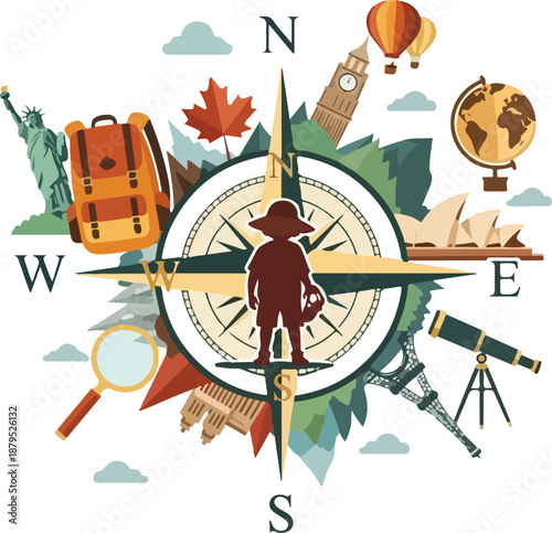 Travel and exploration theme with compass and landmarks