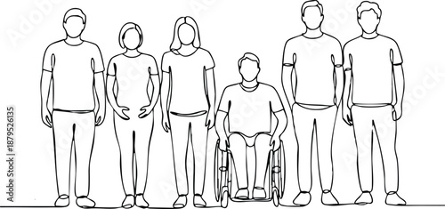 Inclusive Community Line Art, Minimalist Diverse Group Illustration, Unity and Accessibility Concept, Continuous Line Drawing of a Supportive Group, vector, illustration, silhouette.