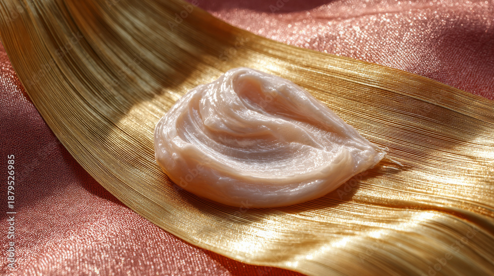 Fototapeta premium Creamy skincare product on golden leaf with soft pink fabric background in natural light