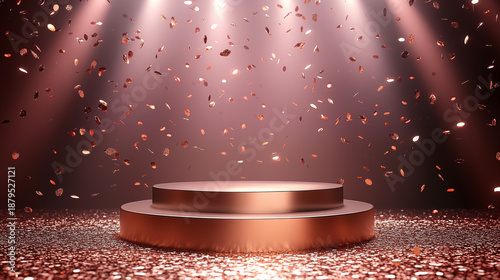 Luxury 3D rose gold podium stage on rose gold background with falling rose gold confetti and cinematic spotlights. Premium award ceremony scene suitable for product presentation, luxury branding