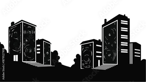 Surreal cityscape where buildings transform into giant speakers, emitting sound waves.