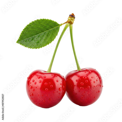 Two vibrant, ripe red cherries, green stem, crisp green leaf with sparkling water droplets, macro lens, isolated on transparent studio background with copy space. Concept of natural freshness and