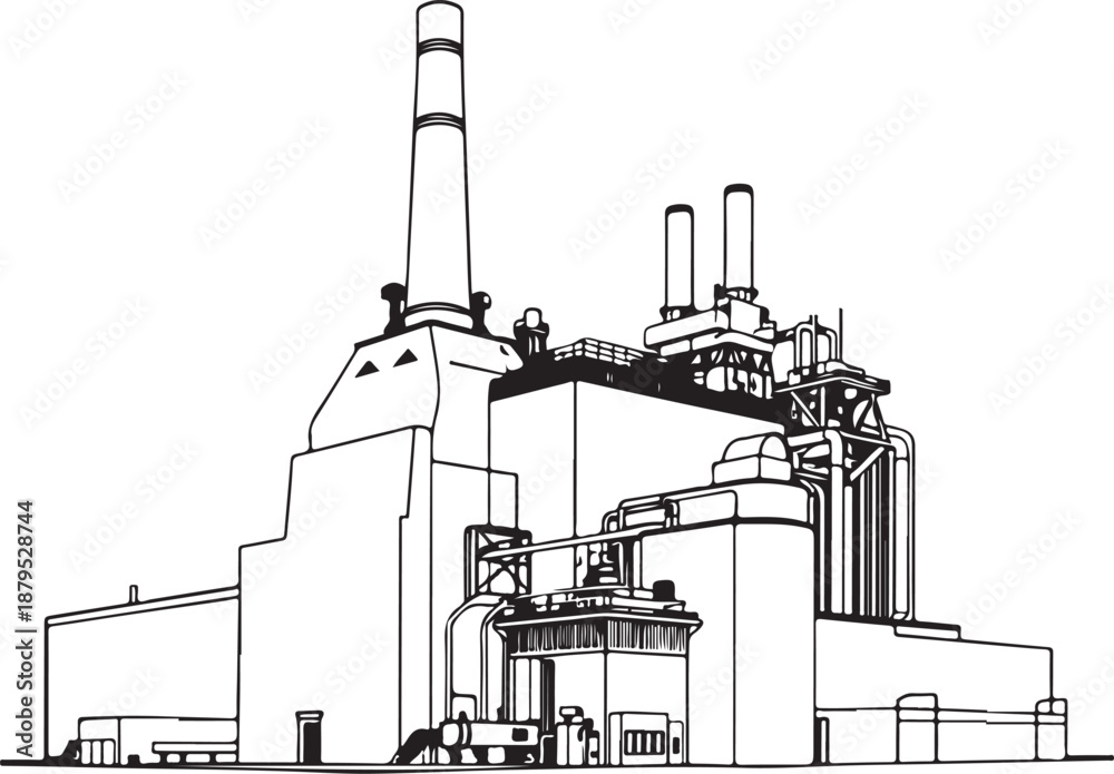 Obraz premium Steel Mill Building Hand-drawn Sketch Drawing Vector Illustration, Line Linear Symbol Engraving Coloring Book, Black and White Isolated