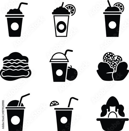 Fast food and drink vector icon set featuring soda cups with citrus slices and sandwiches isolated on white background.