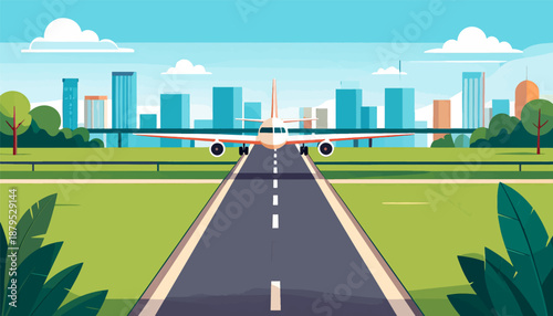 Plane approaching city skyline on runway