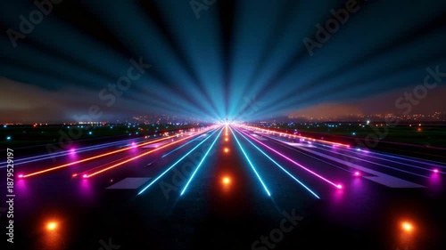 A vibrant display of illuminated lights guides an aircraft down an empty runway at night, showcasing a mesmerizing array of colors and beams that create a captivating and futuristic scene in the sky.