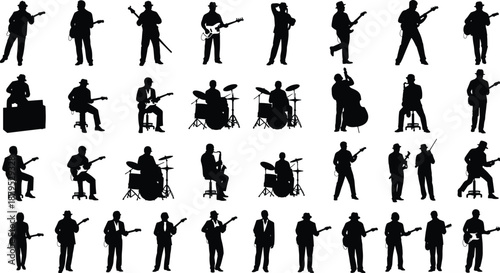 Musician silhouette icon set, music performance vector, instrument player graphic, guitar drum violin keyboard bass microphone illustration, black ensemble design